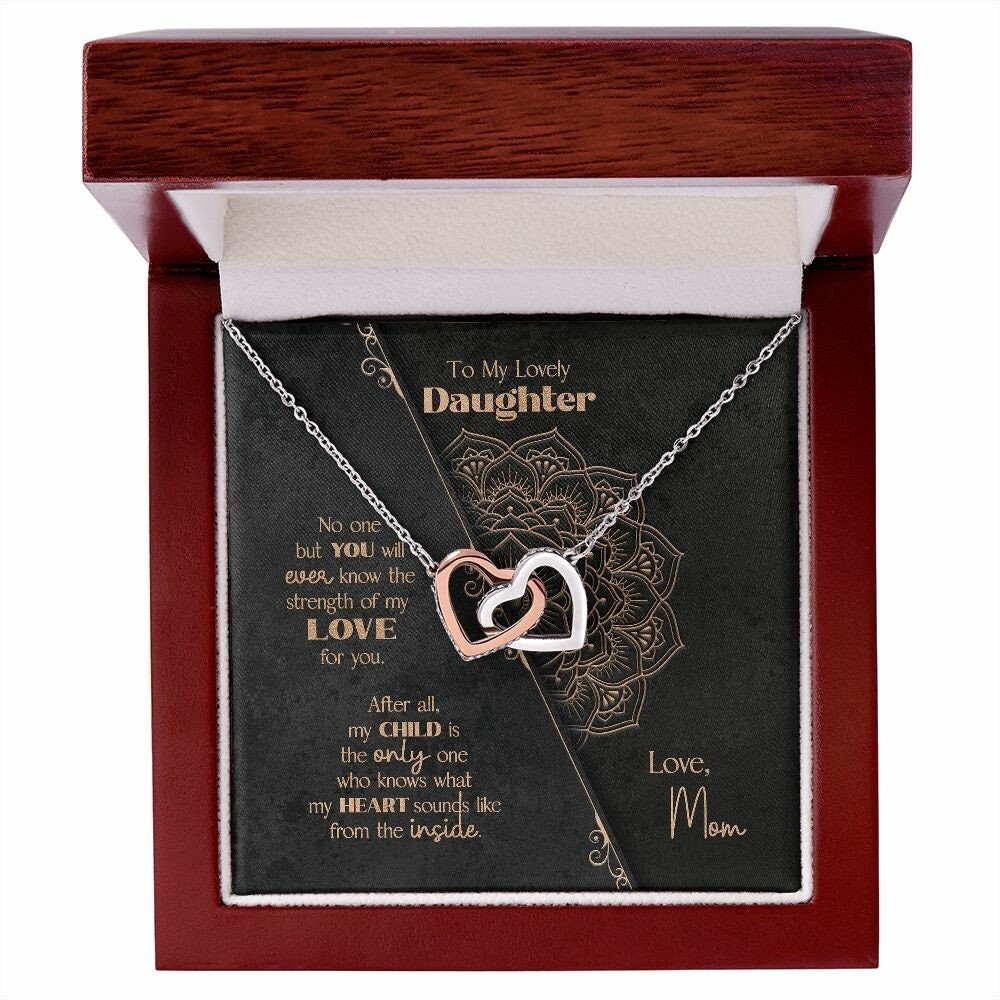 To My Daughter Gift from Mom, Daughter Gift Idea, 14k Sentimental Present Set Heart Inside Mandala Message Card - Interlocking Hearts