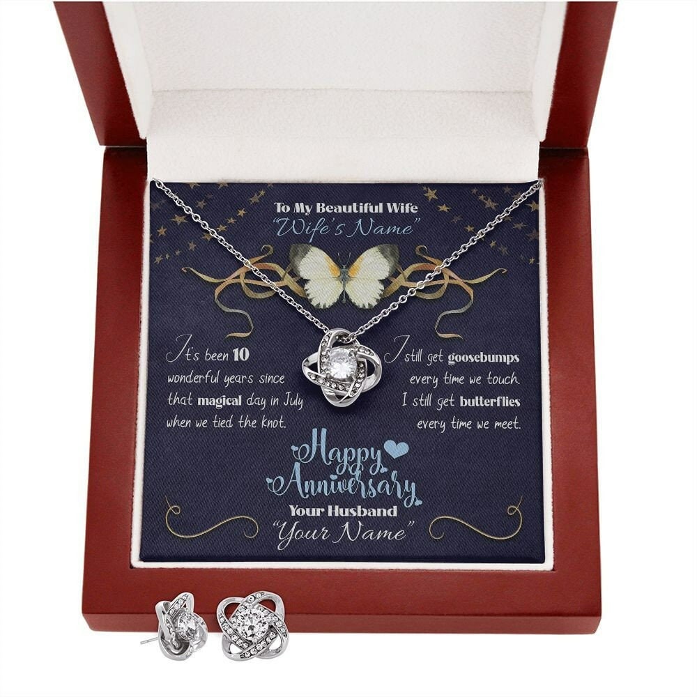 Personalized from Husband to Wife Anniversary Gift Set- Custom Romantic Gifts Ideas for Her Message Card Butterflies - Love Knot Earring Set