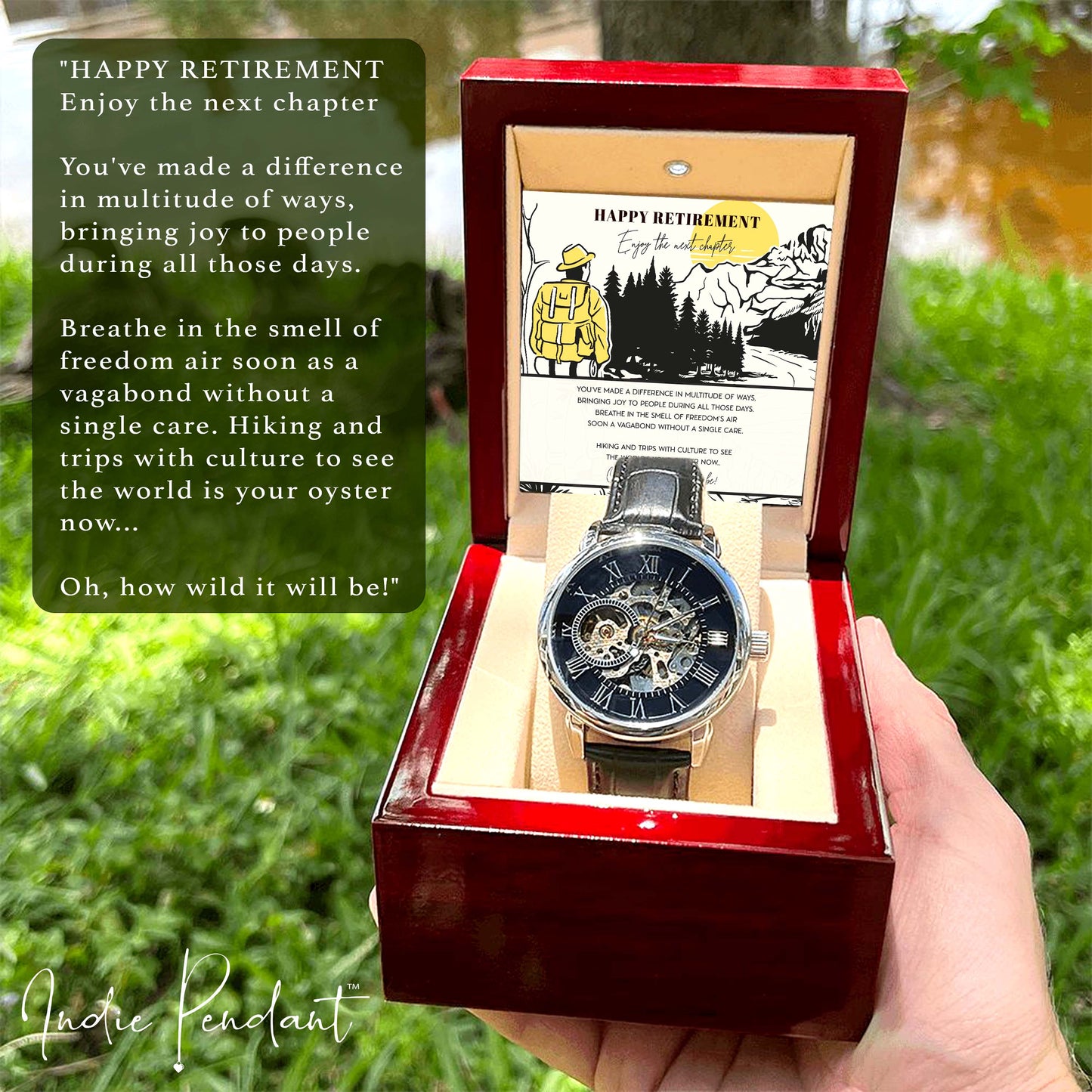Happy Retirement Gift Watch w Genuine Leather Band | Water Resistant | for Husband, Co-Worker, for Camping Lovers | For Father, Significant Other | Gift Set w Message Card - Men's Openwork Watch