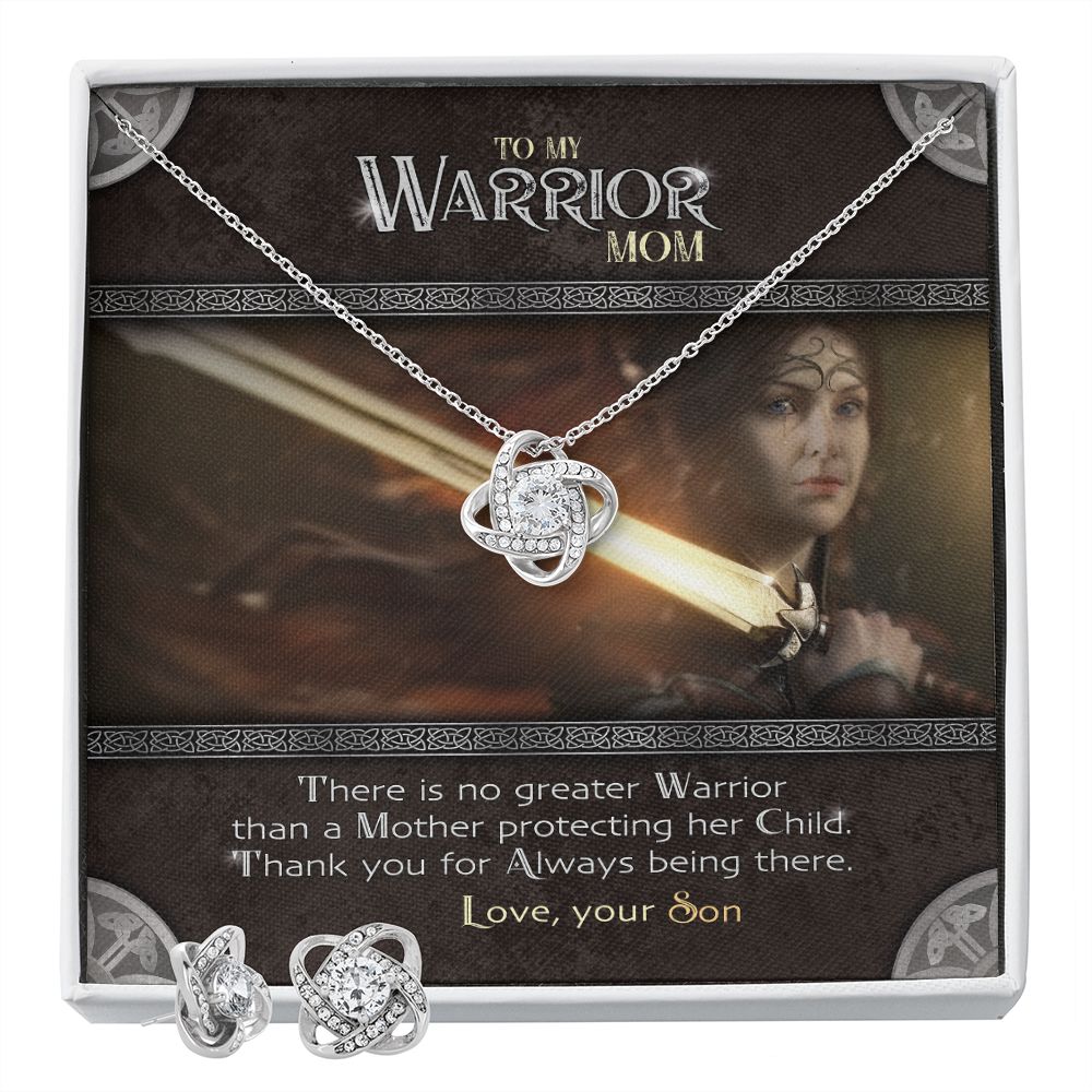 To My Warrior Mom | Necklace from Son, Mother's Gift Set with Message Card, Mother Son Gifts - Love Knot Pendant Earring Set