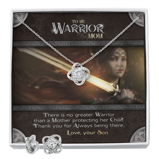 To My Warrior Mom | Necklace from Son, Mother's Gift Set with Message Card, Mother Son Gifts - Love Knot Pendant Earring Set