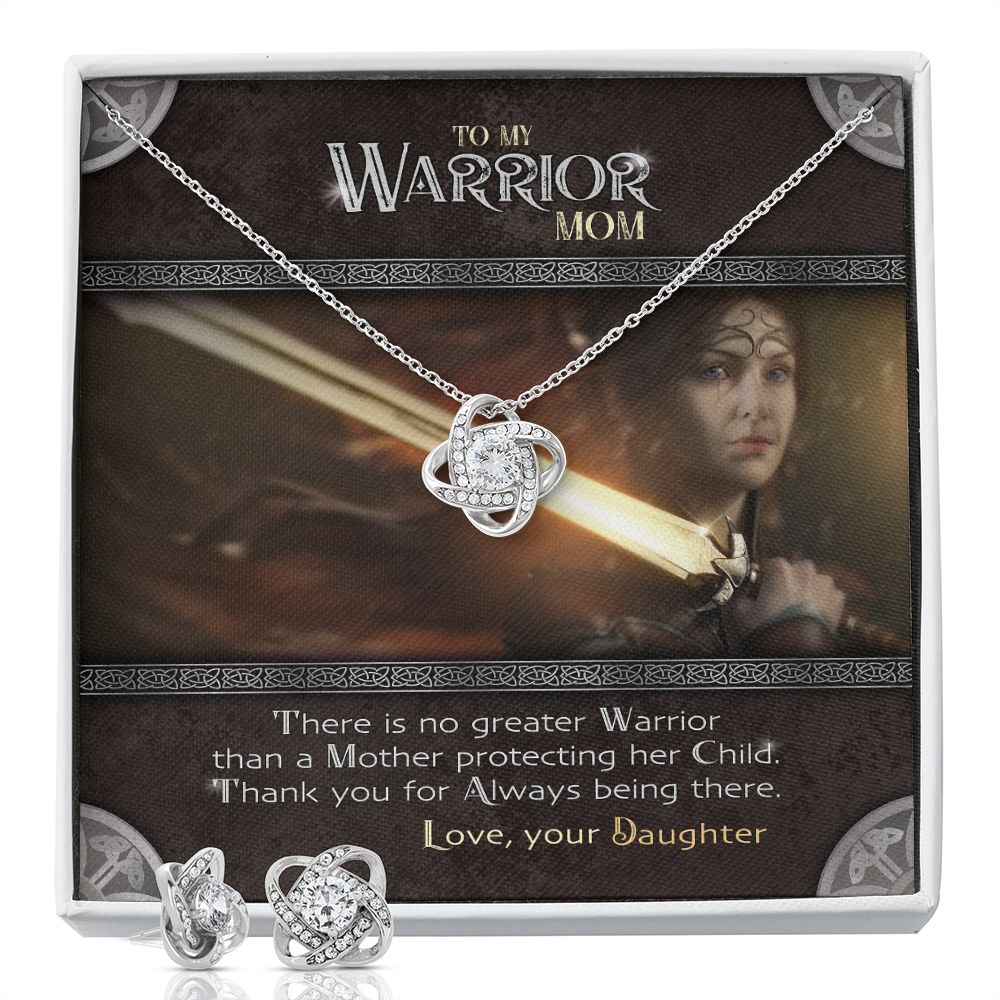 To My Warrior Mom | Necklace from Daughter, Mother's Gift Set with Message Card, Mother Daughter Gifts - Love Knot Pendant Earring Set