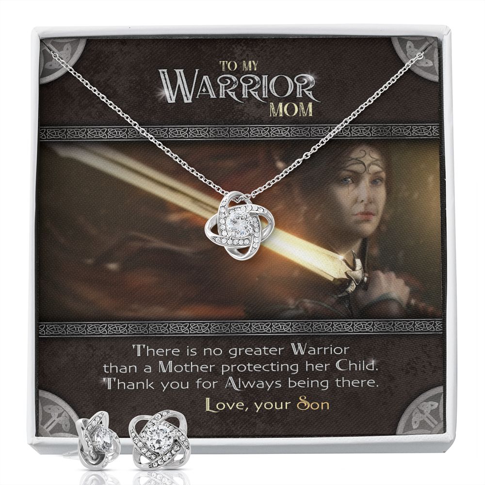 To My Warrior Mom | Necklace from Son, Mother's Gift Set with Message Card, Mother Son Gifts - Love Knot Pendant Earring Set