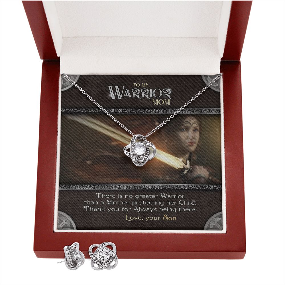 To My Warrior Mom | Necklace from Son, Mother's Gift Set with Message Card, Mother Son Gifts - Love Knot Pendant Earring Set