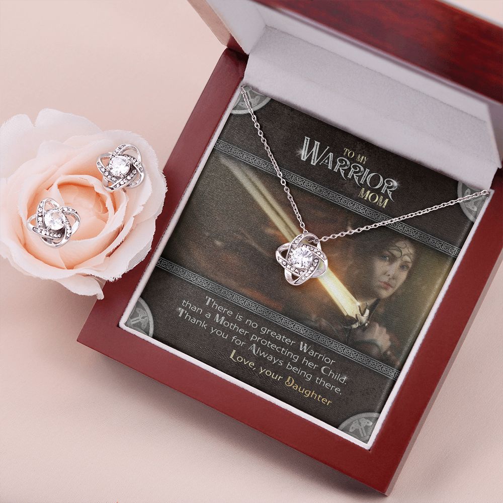 To My Warrior Mom | Necklace from Daughter, Mother's Gift Set with Message Card, Mother Daughter Gifts - Love Knot Pendant Earring Set