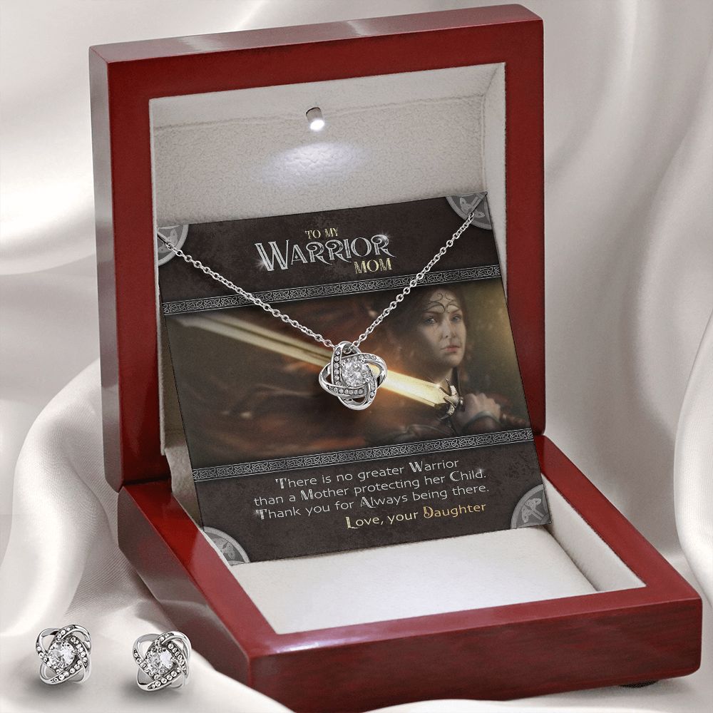 To My Warrior Mom | Necklace from Daughter, Mother's Gift Set with Message Card, Mother Daughter Gifts - Love Knot Pendant Earring Set