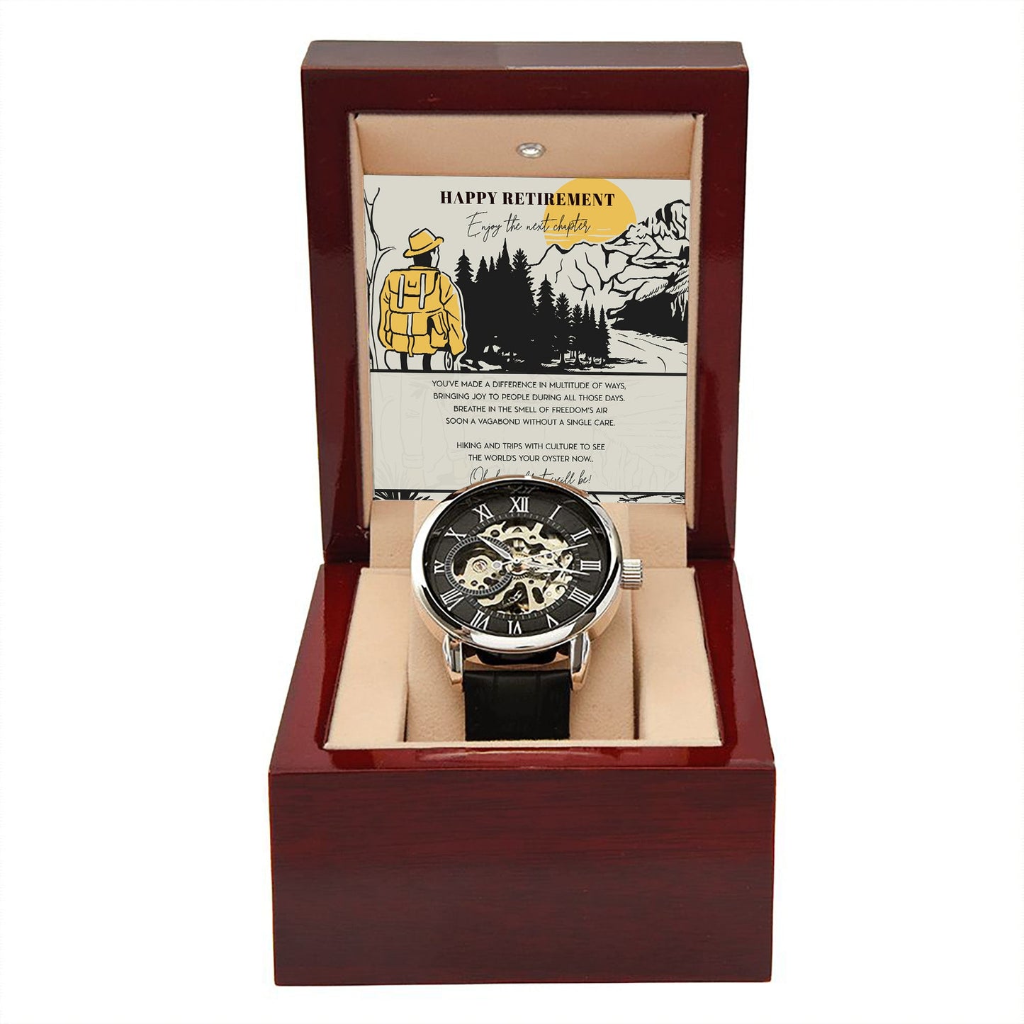 Happy Retirement Gift Watch w Genuine Leather Band | Water Resistant | for Husband, Co-Worker, for Camping Lovers | For Father, Significant Other | Gift Set w Message Card - Men's Openwork Watch