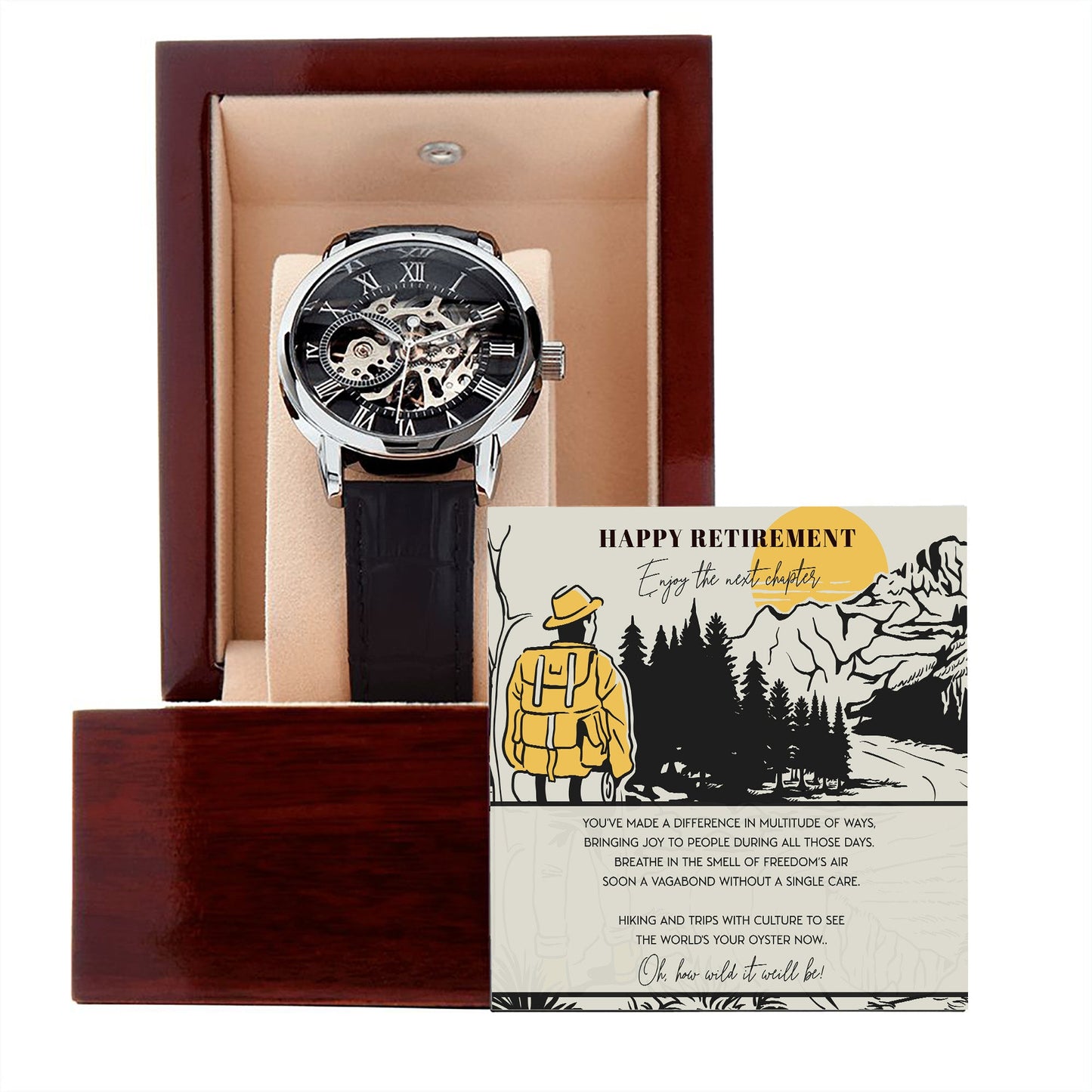 Happy Retirement Gift Watch w Genuine Leather Band | Water Resistant | for Husband, Co-Worker, for Camping Lovers | For Father, Significant Other | Gift Set w Message Card - Men's Openwork Watch