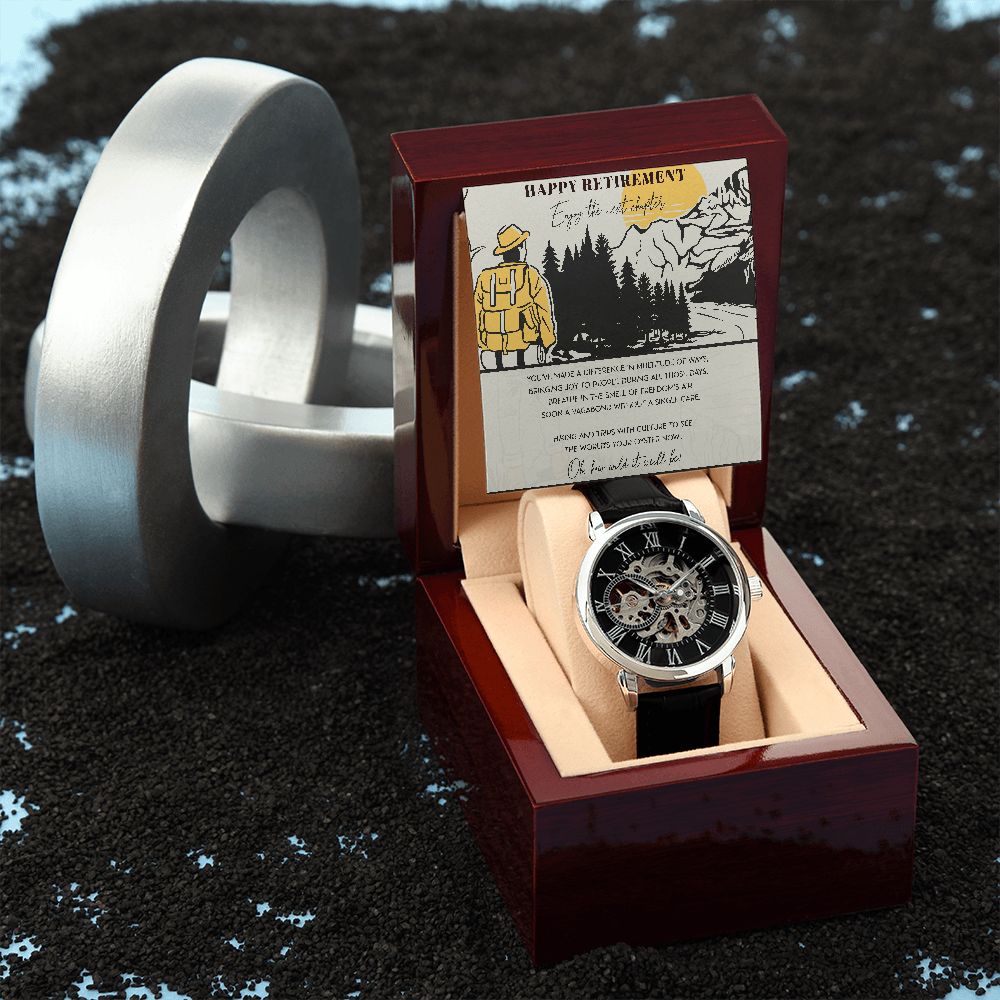 Happy Retirement Gift Watch w Genuine Leather Band | Water Resistant | for Husband, Co-Worker, for Camping Lovers | For Father, Significant Other | Gift Set w Message Card - Men's Openwork Watch