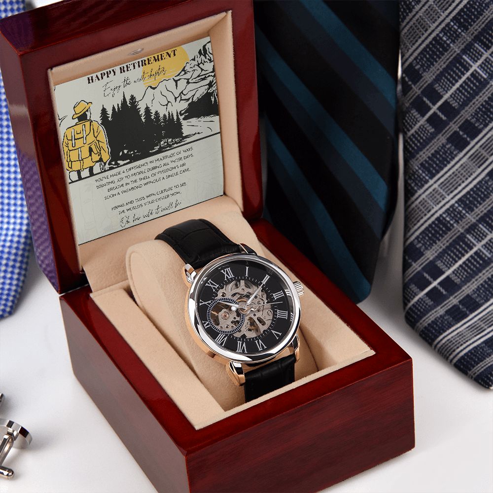 Happy Retirement Gift Watch w Genuine Leather Band | Water Resistant | for Husband, Co-Worker, for Camping Lovers | For Father, Significant Other | Gift Set w Message Card - Men's Openwork Watch