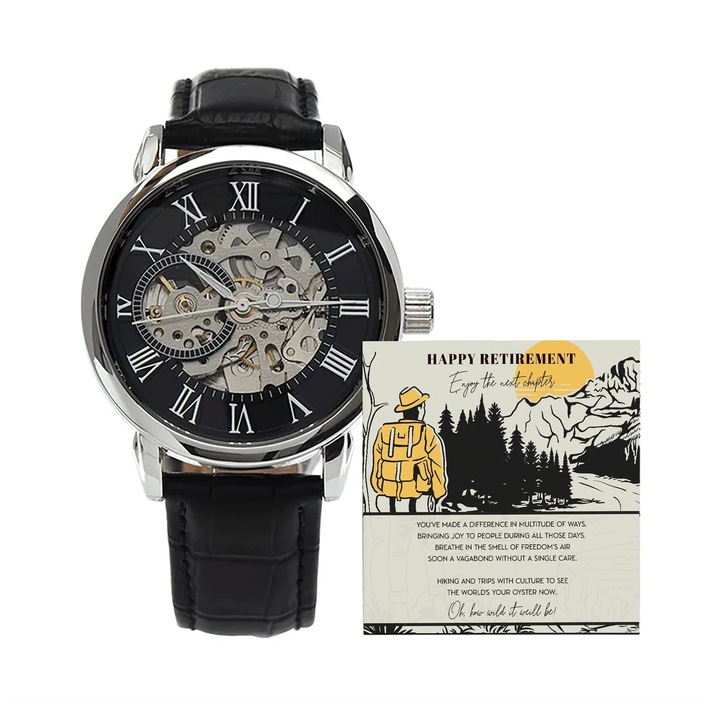 Happy Retirement Gift Watch w Genuine Leather Band | Water Resistant | for Husband, Co-Worker, for Camping Lovers | For Father, Significant Other | Gift Set w Message Card - Men's Openwork Watch