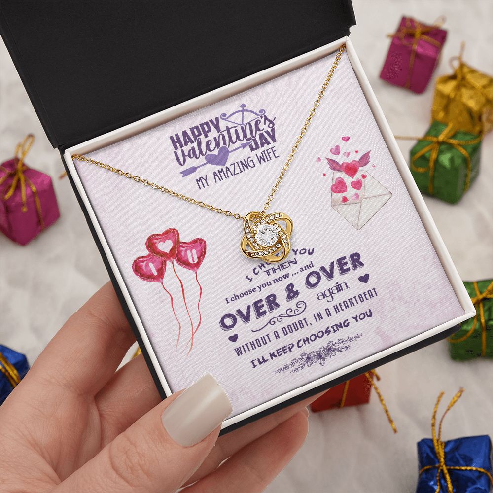 Wife Necklace From Husband, Card Box w/Birthday Card, Valentine's Day Gift for Wife, Birthday Card Box - Love Knot Necklace Pendant