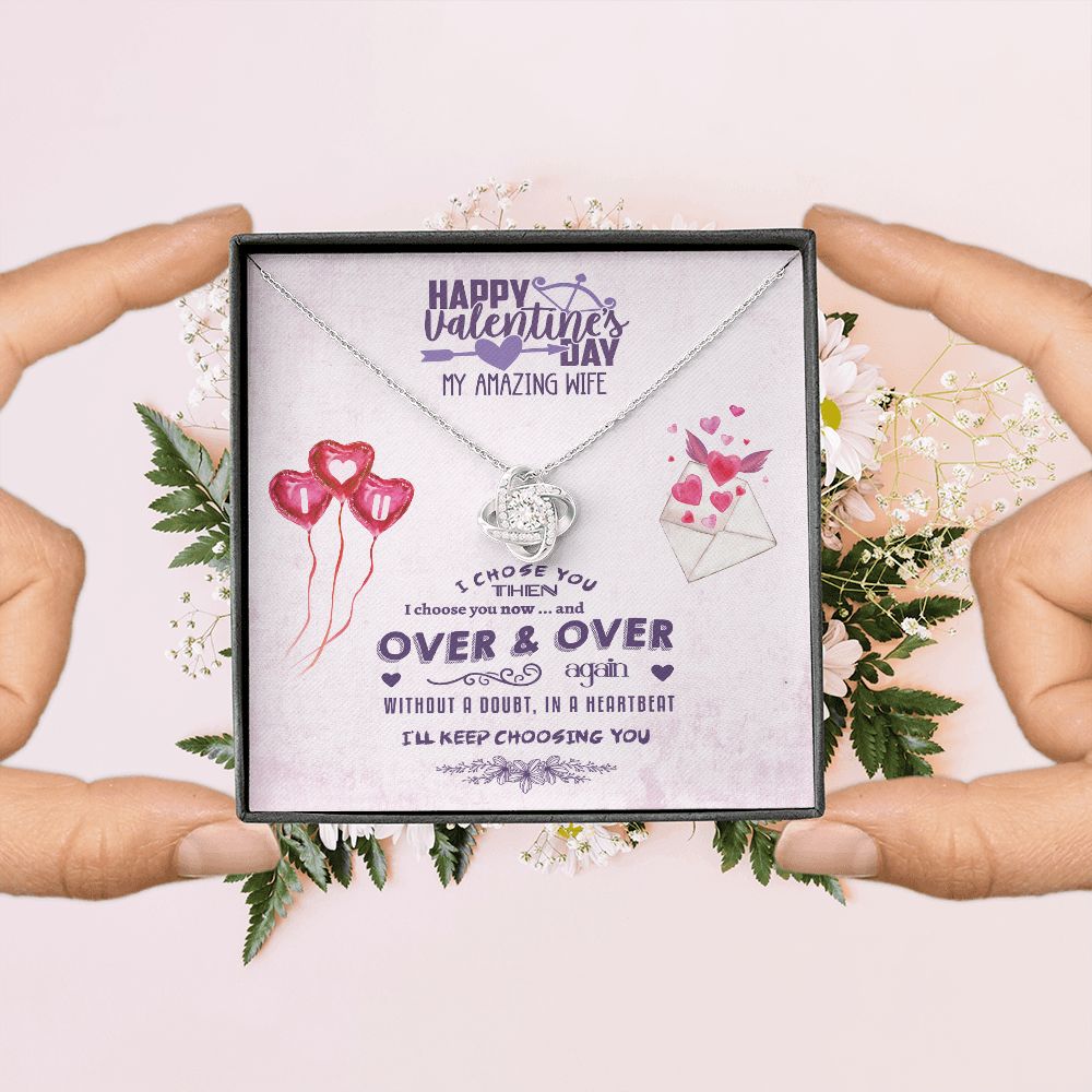 Wife Necklace From Husband, Card Box w/Birthday Card, Valentine's Day Gift for Wife, Birthday Card Box - Love Knot Necklace Pendant