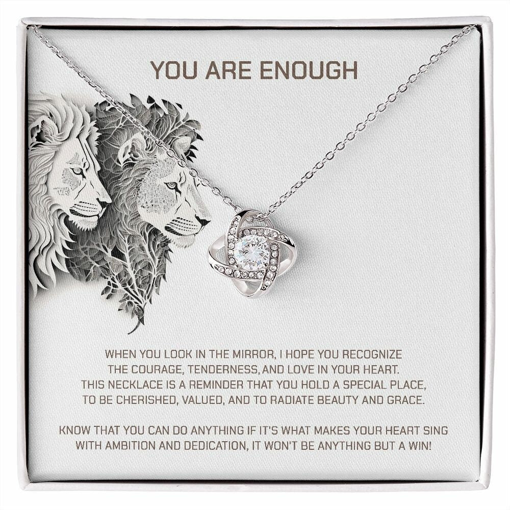 Indie Pendant - You Are Enough Gift: A lion charm necklace with a love knot design, a motivational and empowering gift.