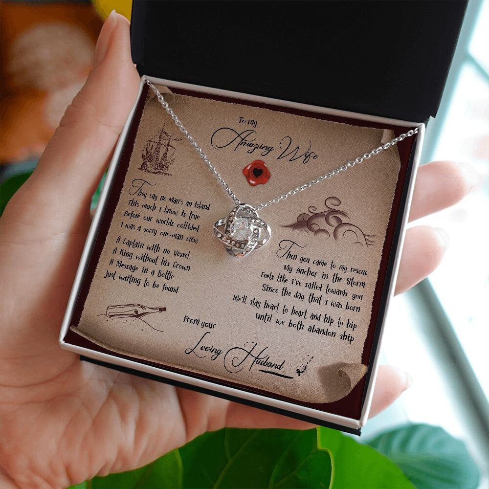 To My Wife Necklace from Husband, Romantic Christmas Gift for Her, Message Card Jewelry for Wife, Anniversary Gift for Her - Love Knot