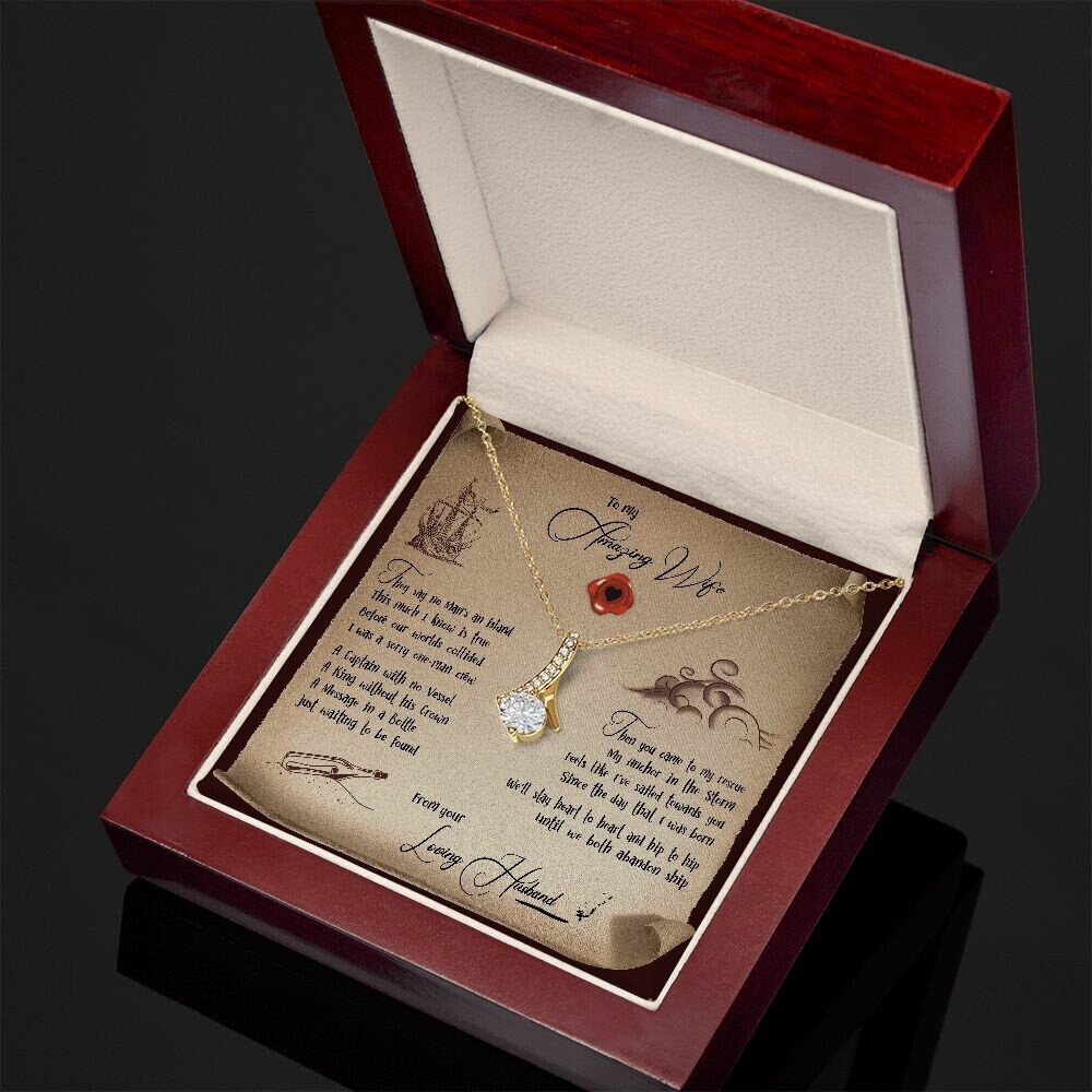 To My Wife Necklace from Husband, Romantic Christmas Gift for Her, Message Card Necklace for Wife, Anniversary Gift for Her- Alluring Beauty