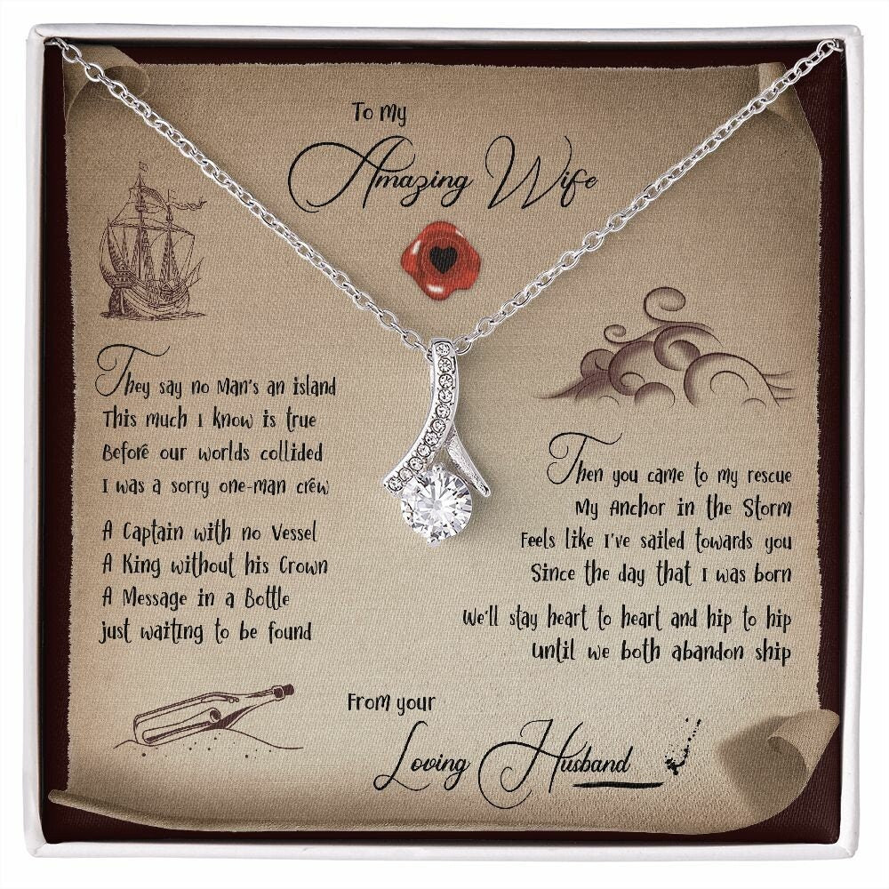 To My Wife Necklace from Husband, Romantic Christmas Gift for Her, Message Card Necklace for Wife, Anniversary Gift for Her- Alluring Beauty