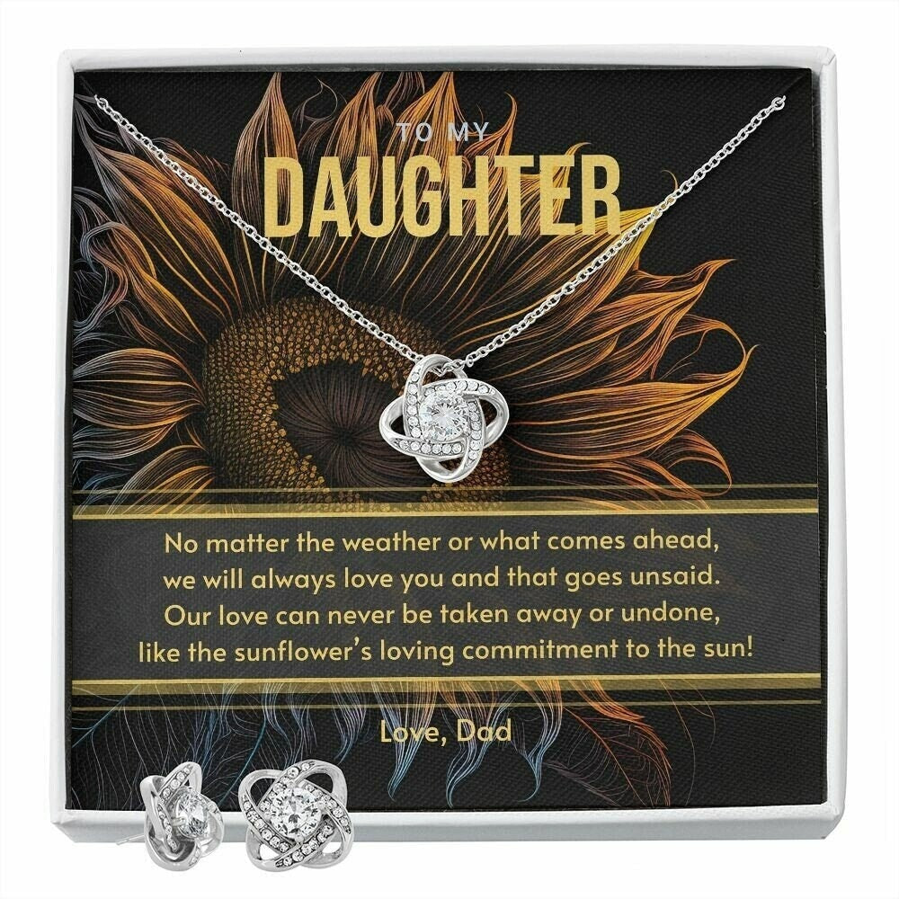 Indie Pendant | Gift for Daughter from Dad, White Gold Pendant Necklace Gift Set with Message Card Sunflower Lover - Love Knot Earring Set