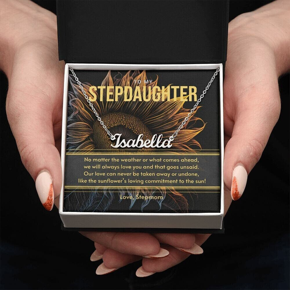 Gift for Stepdaughter from Stepmom, Silver Custom Name Necklace Gift Set with Message Card - Gift for Sunflower Lover