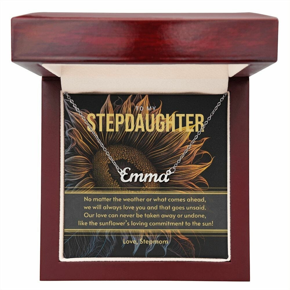 Gift for Stepdaughter from Stepmom, Silver Custom Name Necklace Gift Set with Message Card - Gift for Sunflower Lover