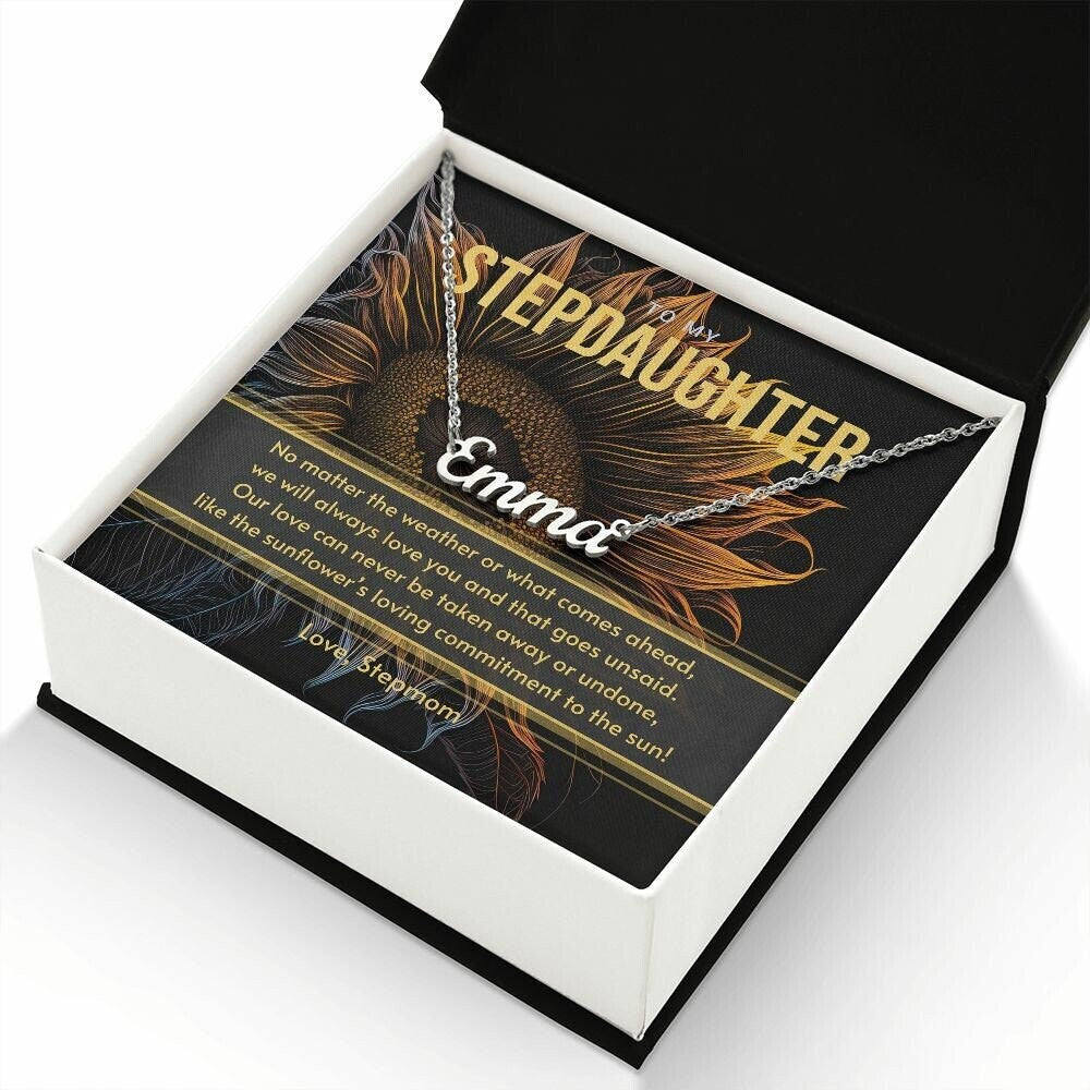 Gift for Stepdaughter from Stepmom, Silver Custom Name Necklace Gift Set with Message Card - Gift for Sunflower Lover