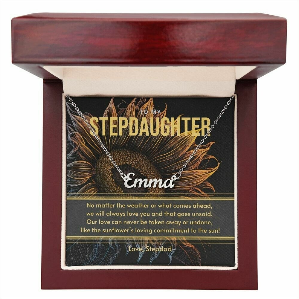 Gift for Stepdaughter from Stepdad, Silver Custom Name Necklace Gift Set with Message Card - Gift for Sunflower Lover