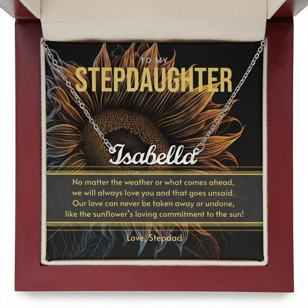 Gift for Stepdaughter from Stepdad, Silver Custom Name Necklace Gift Set with Message Card - Gift for Sunflower Lover