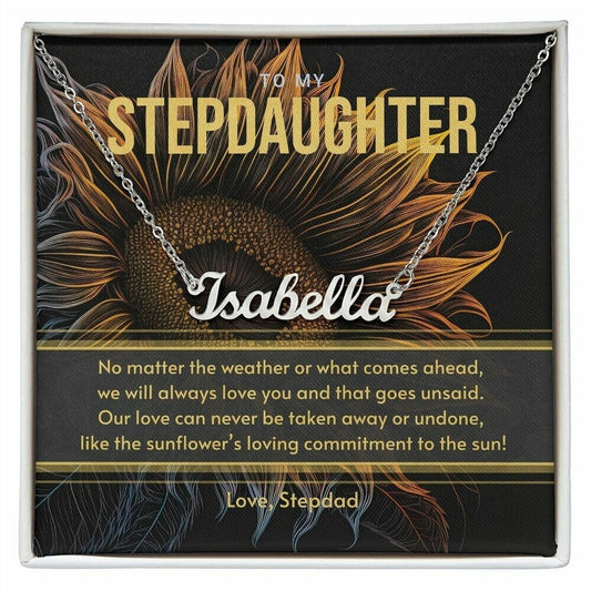 Gift for Stepdaughter from Stepdad, Silver Custom Name Necklace Gift Set with Message Card - Gift for Sunflower Lover