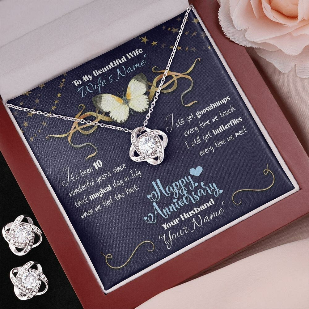 Personalized from Husband to Wife Anniversary Gift Set- Custom Romantic Gifts Ideas for Her Message Card Butterflies - Love Knot Earring Set