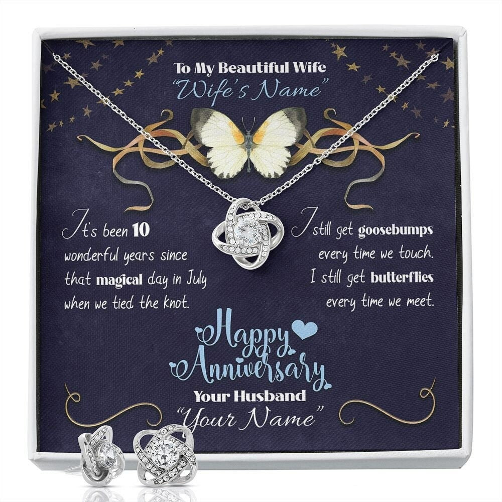 Personalized from Husband to Wife Anniversary Gift Set- Custom Romantic Gifts Ideas for Her Message Card Butterflies - Love Knot Earring Set