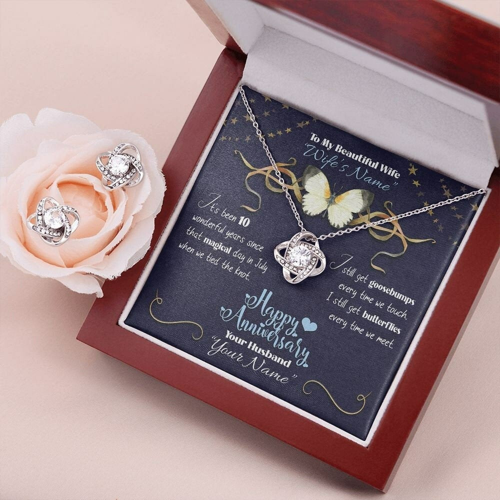 Personalized from Husband to Wife Anniversary Gift Set- Custom Romantic Gifts Ideas for Her Message Card Butterflies - Love Knot Earring Set