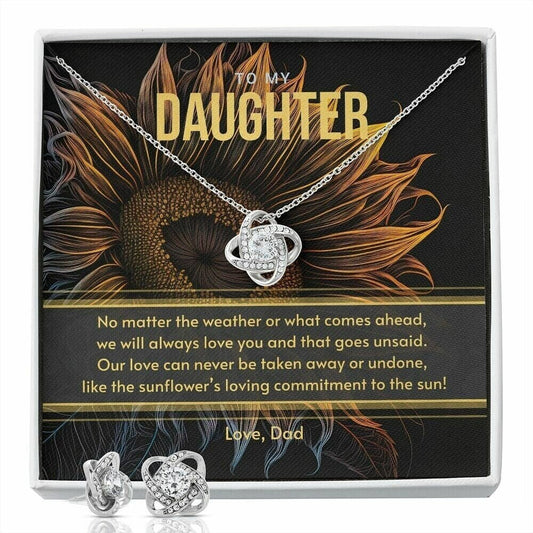 Indie Pendant | Gift for Daughter from Dad, White Gold Pendant Necklace Gift Set with Message Card Sunflower Lover - Love Knot Earring Set