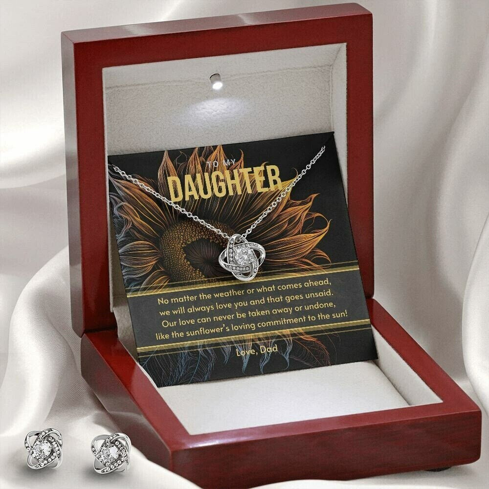 Indie Pendant | Gift for Daughter from Dad, White Gold Pendant Necklace Gift Set with Message Card Sunflower Lover - Love Knot Earring Set
