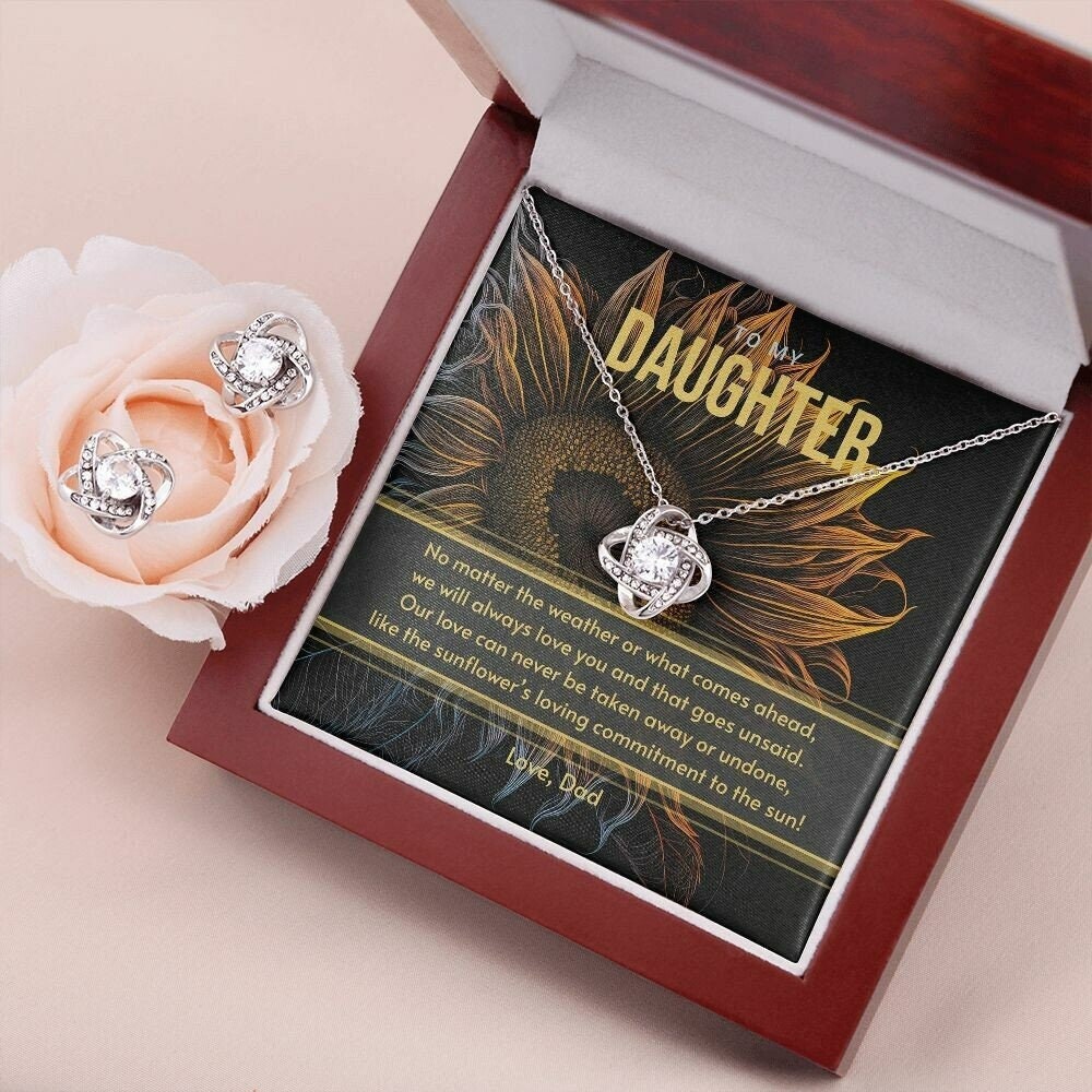 Indie Pendant | Gift for Daughter from Dad, White Gold Pendant Necklace Gift Set with Message Card Sunflower Lover - Love Knot Earring Set
