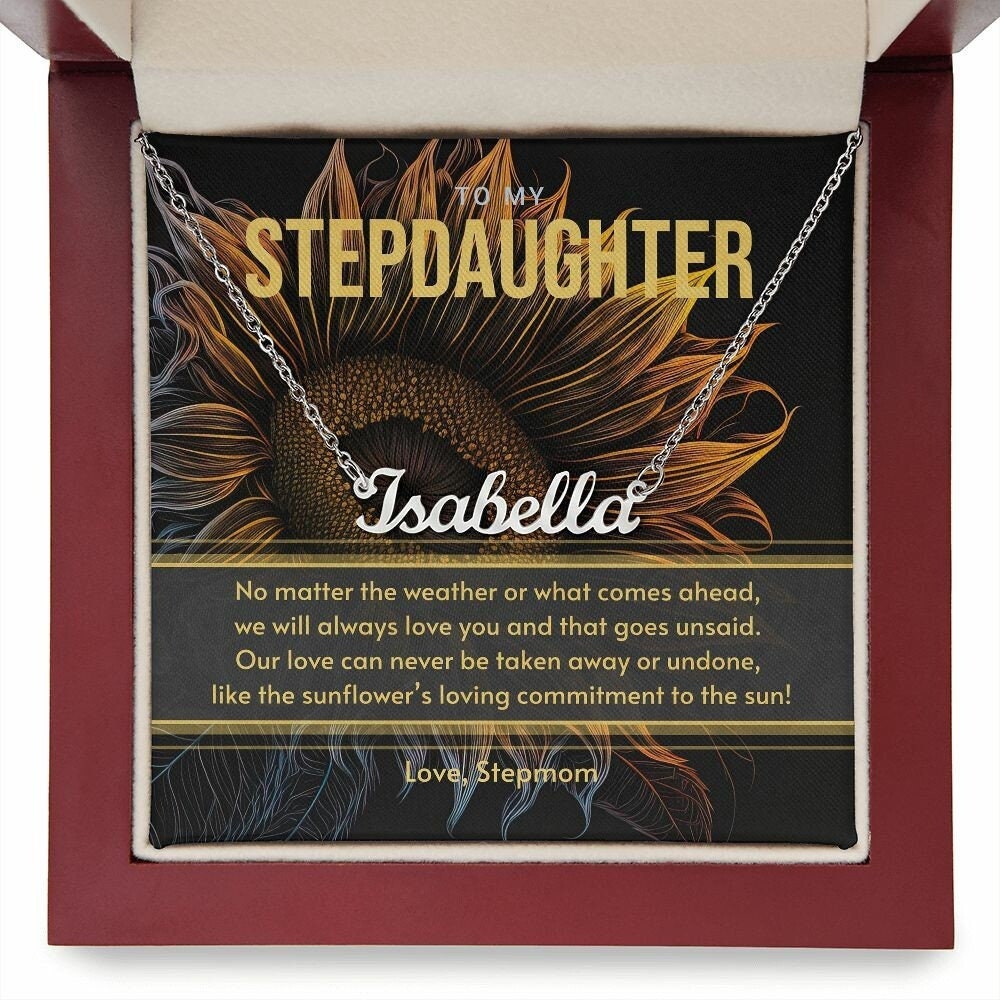 Gift for Stepdaughter from Stepmom, Silver Custom Name Necklace Gift Set with Message Card - Gift for Sunflower Lover