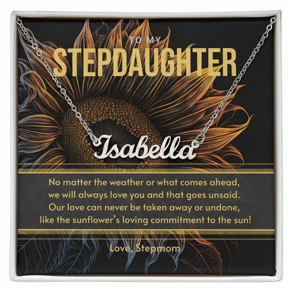 Gift for Stepdaughter from Stepmom, Silver Custom Name Necklace Gift Set with Message Card - Gift for Sunflower Lover