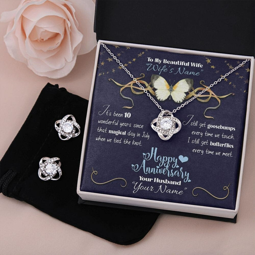 Personalized from Husband to Wife Anniversary Gift Set- Custom Romantic Gifts Ideas for Her Message Card Butterflies - Love Knot Earring Set