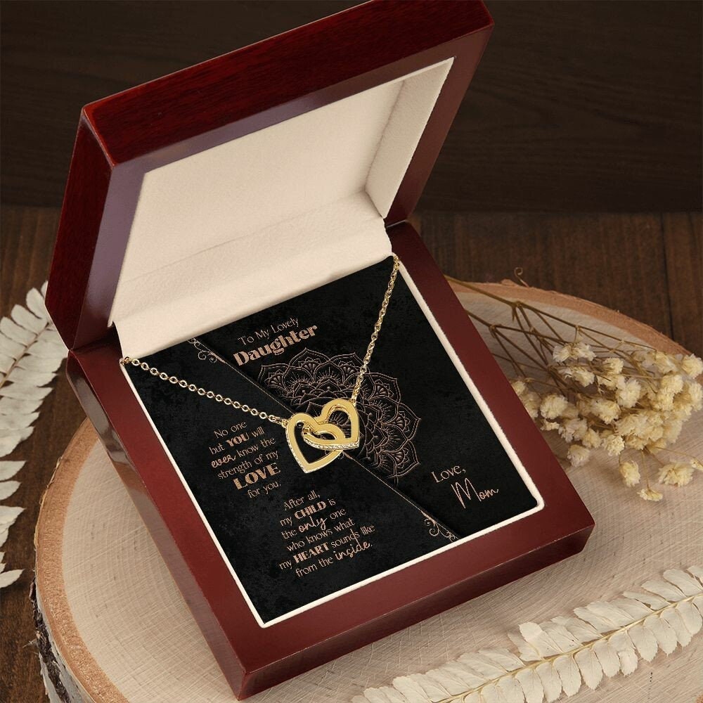 To My Daughter Gift from Mom, Daughter Gift Idea, 14k Sentimental Present Set Heart Inside Mandala Message Card - Interlocking Hearts