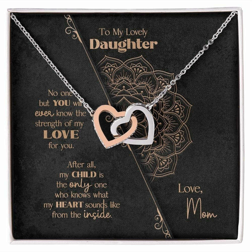 To My Daughter Gift from Mom, Daughter Gift Idea, 14k Sentimental Present Set Heart Inside Mandala Message Card - Interlocking Hearts