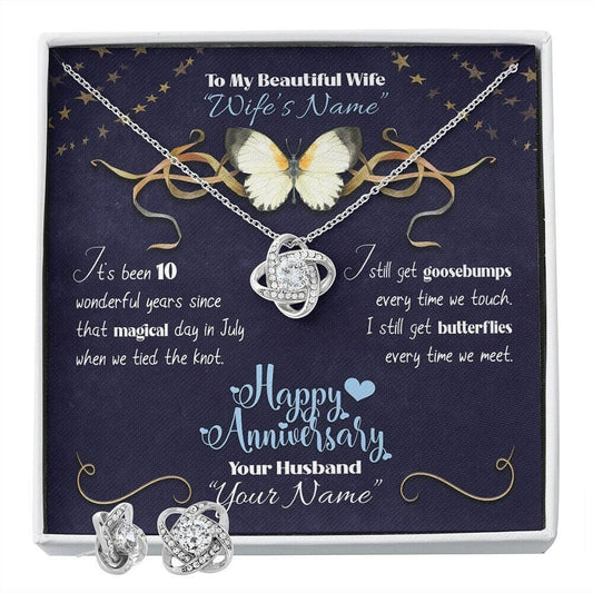 Personalized from Husband to Wife Anniversary Gift Set- Custom Romantic Gifts Ideas for Her Message Card Butterflies - Love Knot Earring Set