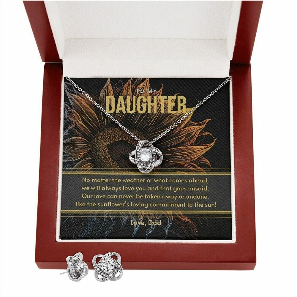 Indie Pendant | Gift for Daughter from Dad, White Gold Pendant Necklace Gift Set with Message Card Sunflower Lover - Love Knot Earring Set